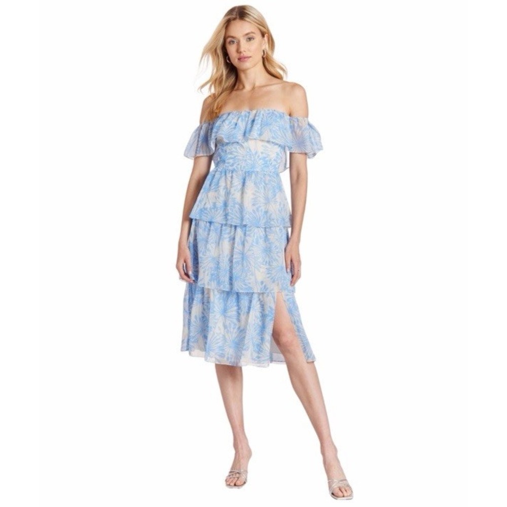 Amanda Uprichard Revolve Venezia Tiered Wish Print Dress XS Blue  Wedding Vaca